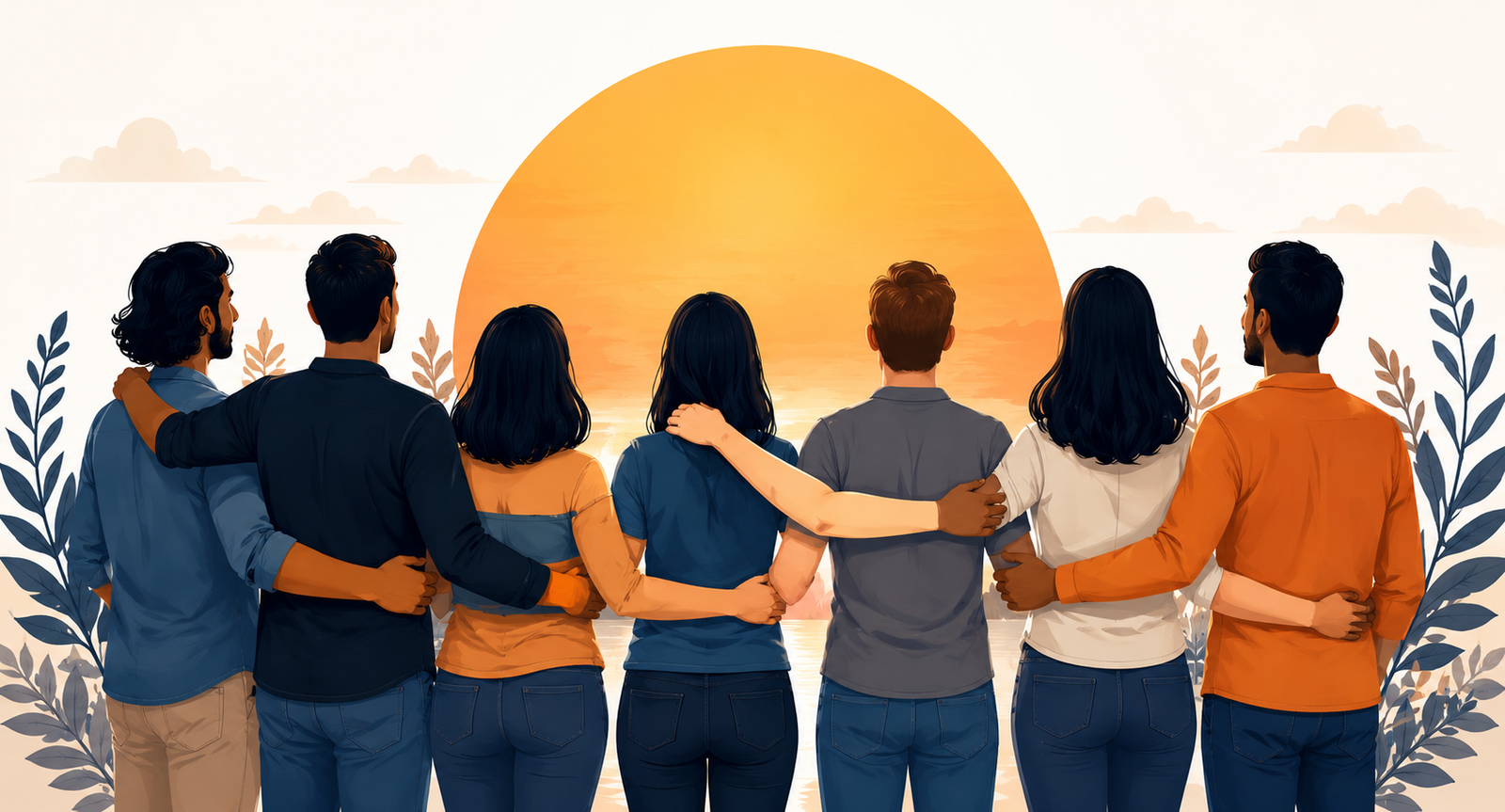 Group of people standing together, arms around each other, facing a sunset